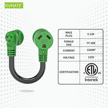 Load image into Gallery viewer, RVMATE 30 Amp to 15 Amp RV Adapter Cord, ETL Listed 30 Amp to 110 Adapter, RV Electrical Adapter with LED Indicator, 180 Degree Bend Power Adapter, Right-Angle Handle Plug Adapter